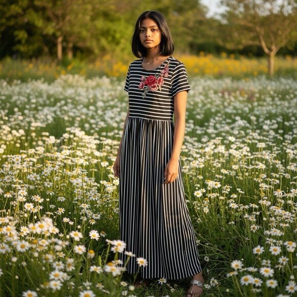 Yi Heng Mei Dresses & Skirts - Yi Heng Mei Size Large Embroidered Floral Black White Stripe Long Maxi Dress